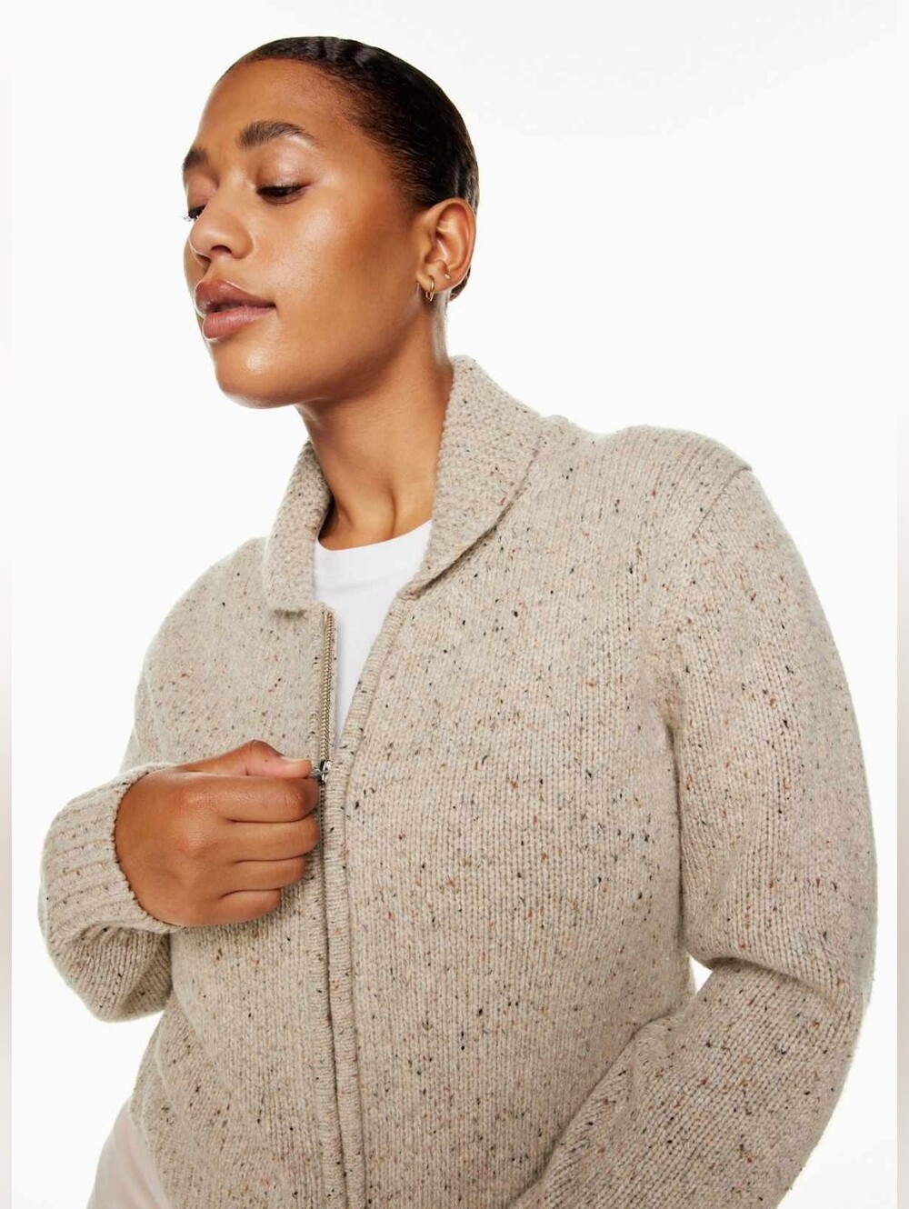 Aritizia Wilfred Free Outpost Sweater Marl Oat Beige Wool Blend Zip Size L
